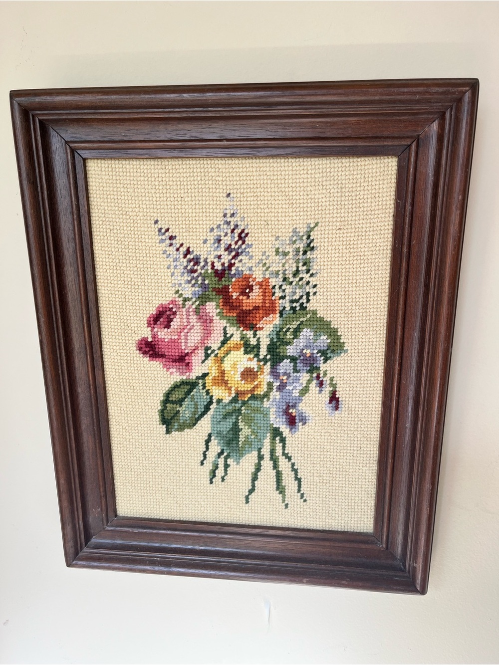 Vintage Handmade Floral Cross-Stitch Wall Art in Wood Frame